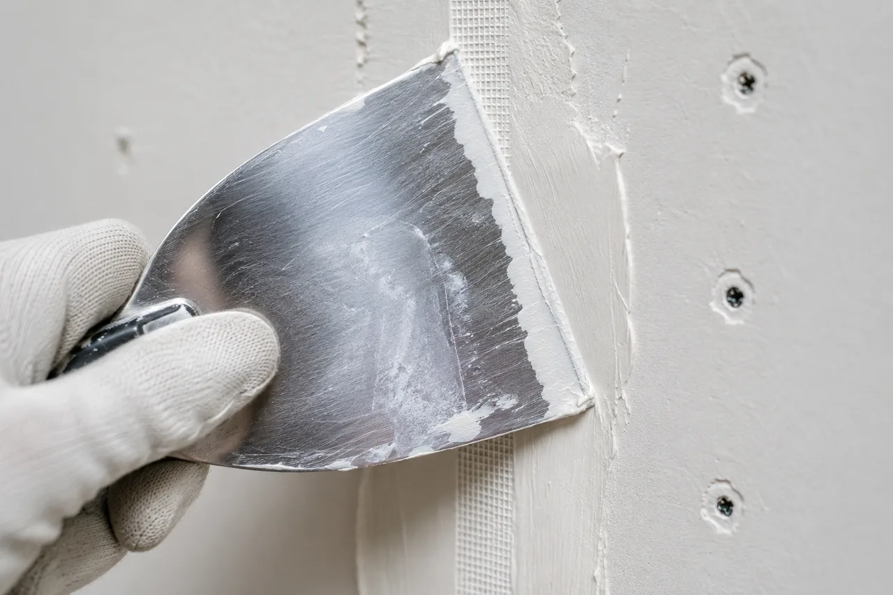 Traitement d'un joint de placo à la spatule : enduit et bande à joint entre deux plaques de plâtre