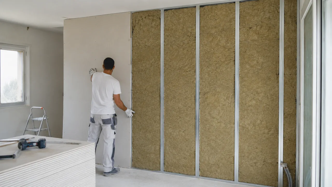 Pose de doublage placo BA13 sur ossature métallique avec isolation laine minérale, chantier en cours dans un pavillon à Pau