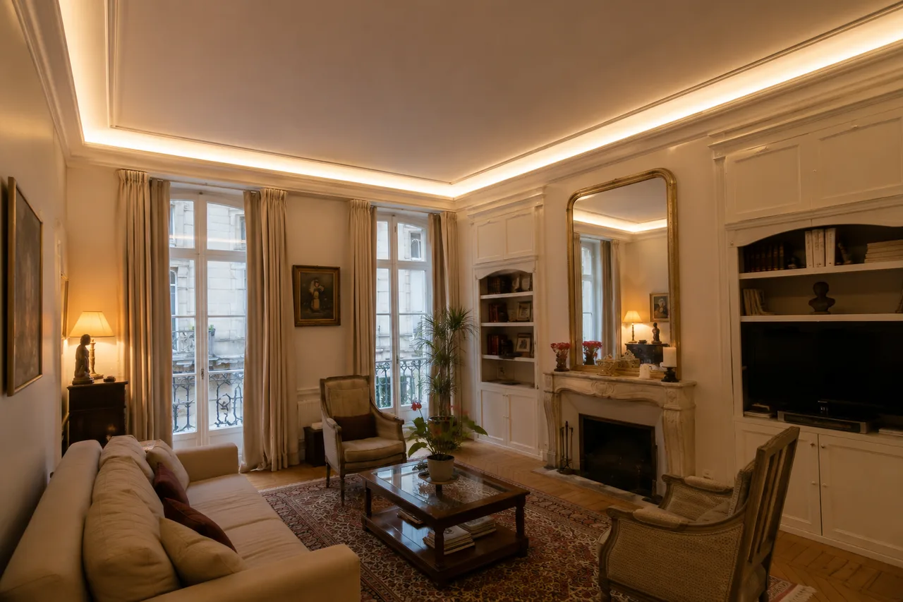 Faux plafond décoratif avec corniche périphérique et bandeau LED indirect, installé dans une maison bourgeoise à Pau