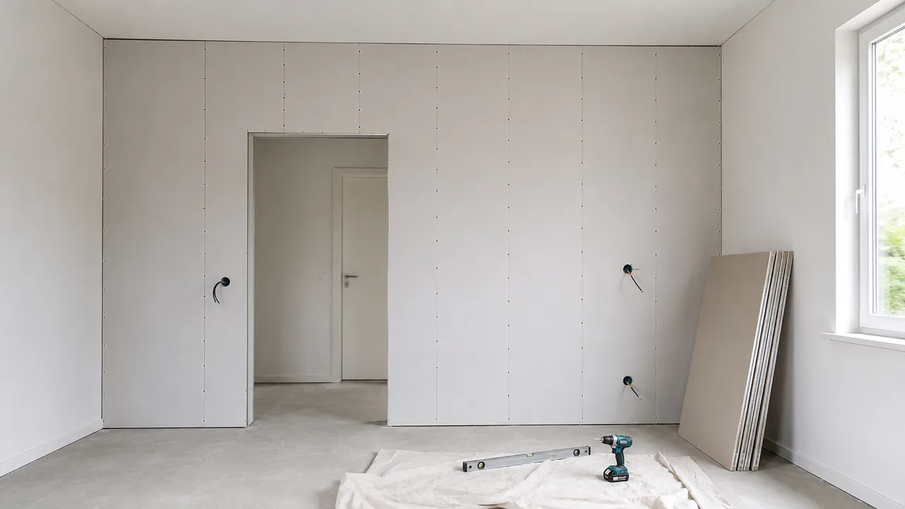 Pose de faux plafond suspendu en BA13 sur ossature métallique dans un appartement à Pau, plaquiste en train de visser les rails