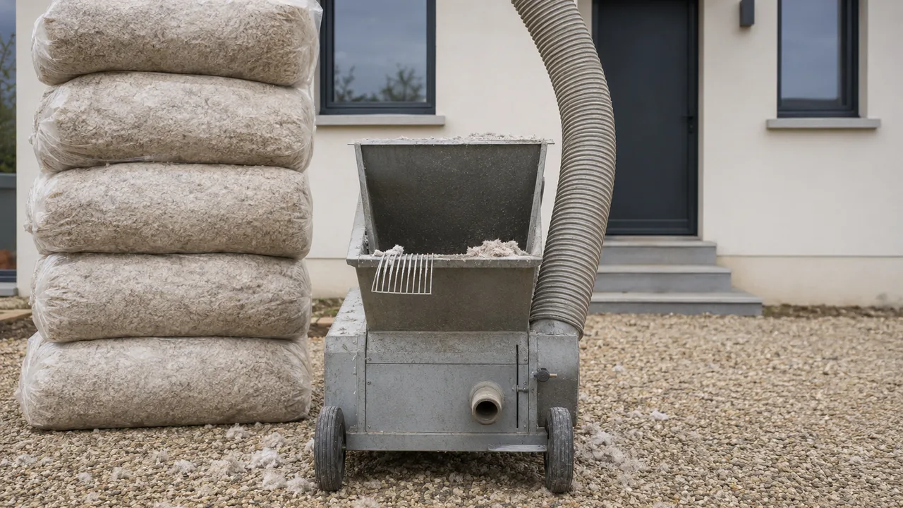 Machine à souffler l'isolant posée dans l'allée d'un pavillon, tuyau souple remontant vers les combles et pile de sacs d'isolant en vrac à côté