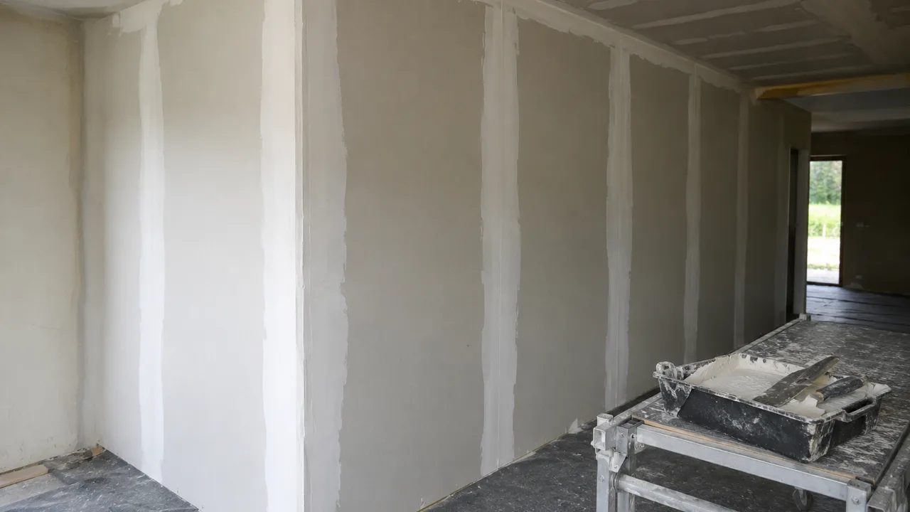 Pièce vide en rénovation dont les cloisons neuves en plaques de plâtre ont reçu la première passe d'enduit sur leurs joints verticaux, avec un échafaudage roulant au premier plan portant un bac à enduit entamé et deux couteaux à enduire