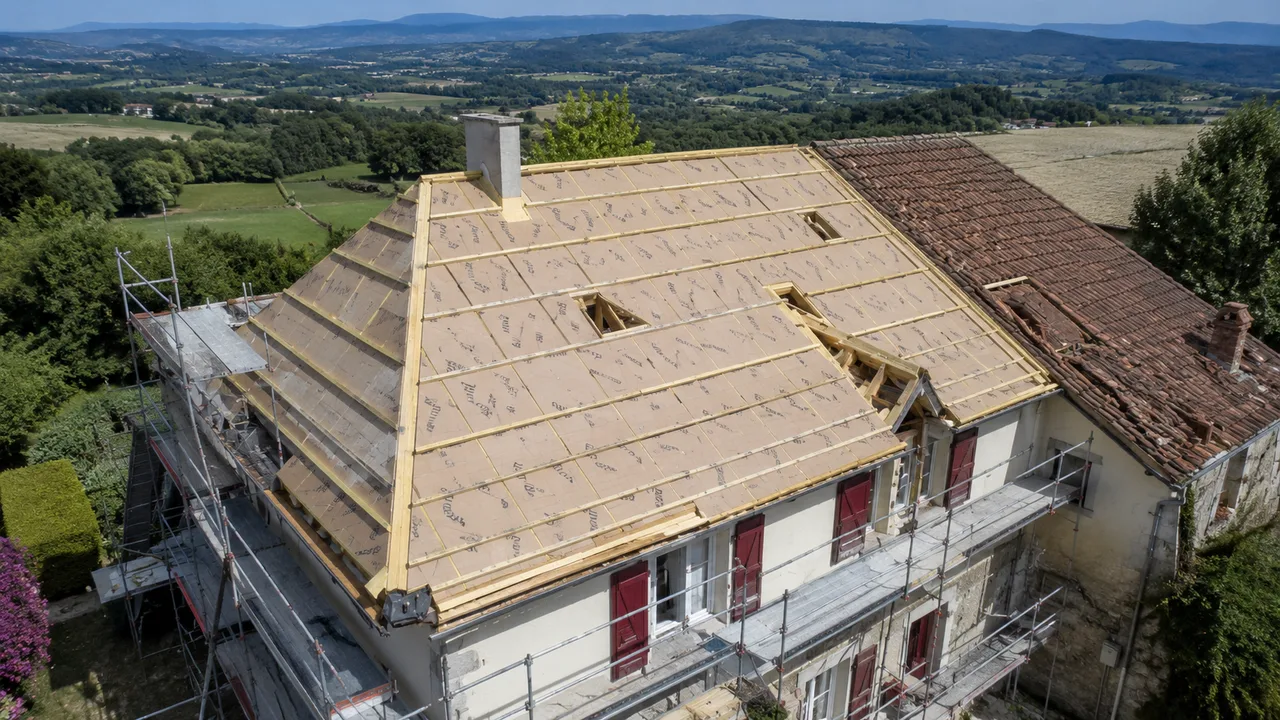 Chantier sarking en cours sur toiture béarnaise, panneaux isolants rigides posés sur la charpente avant repose des tuiles